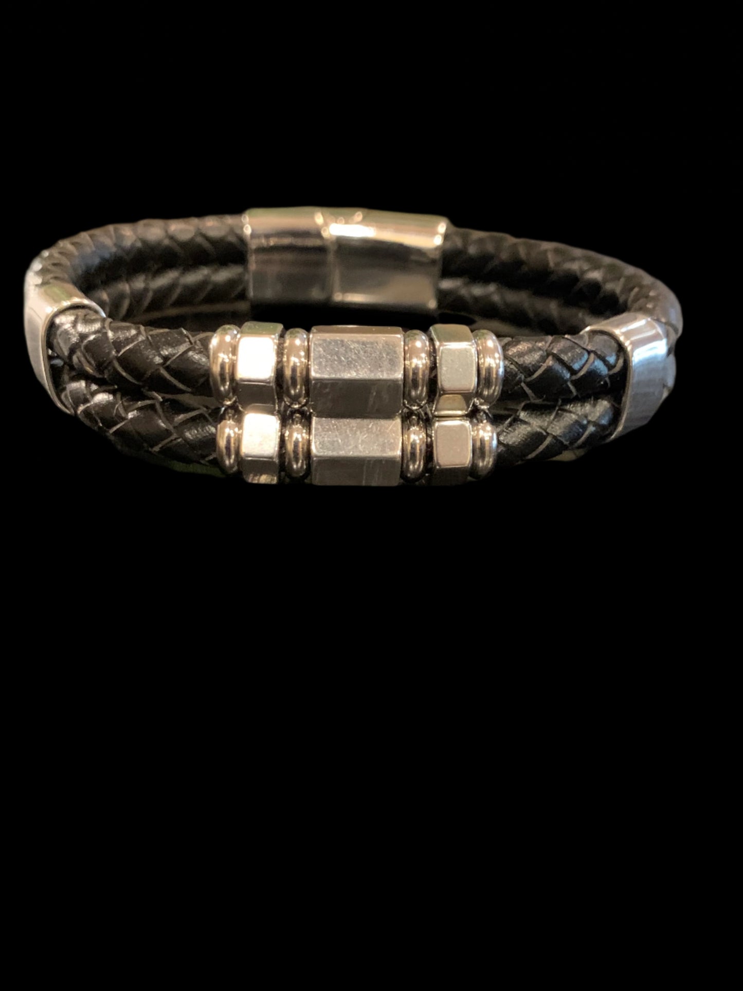 Black leather double lock magnetic bracelet