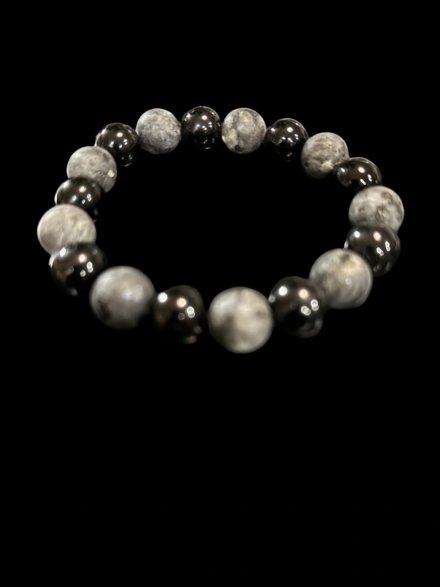 Labradorite stone and shiny black beaded bracelet