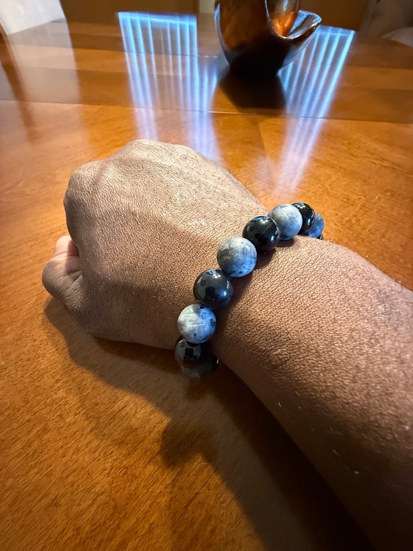 Labradorite stone and shiny black beaded bracelet