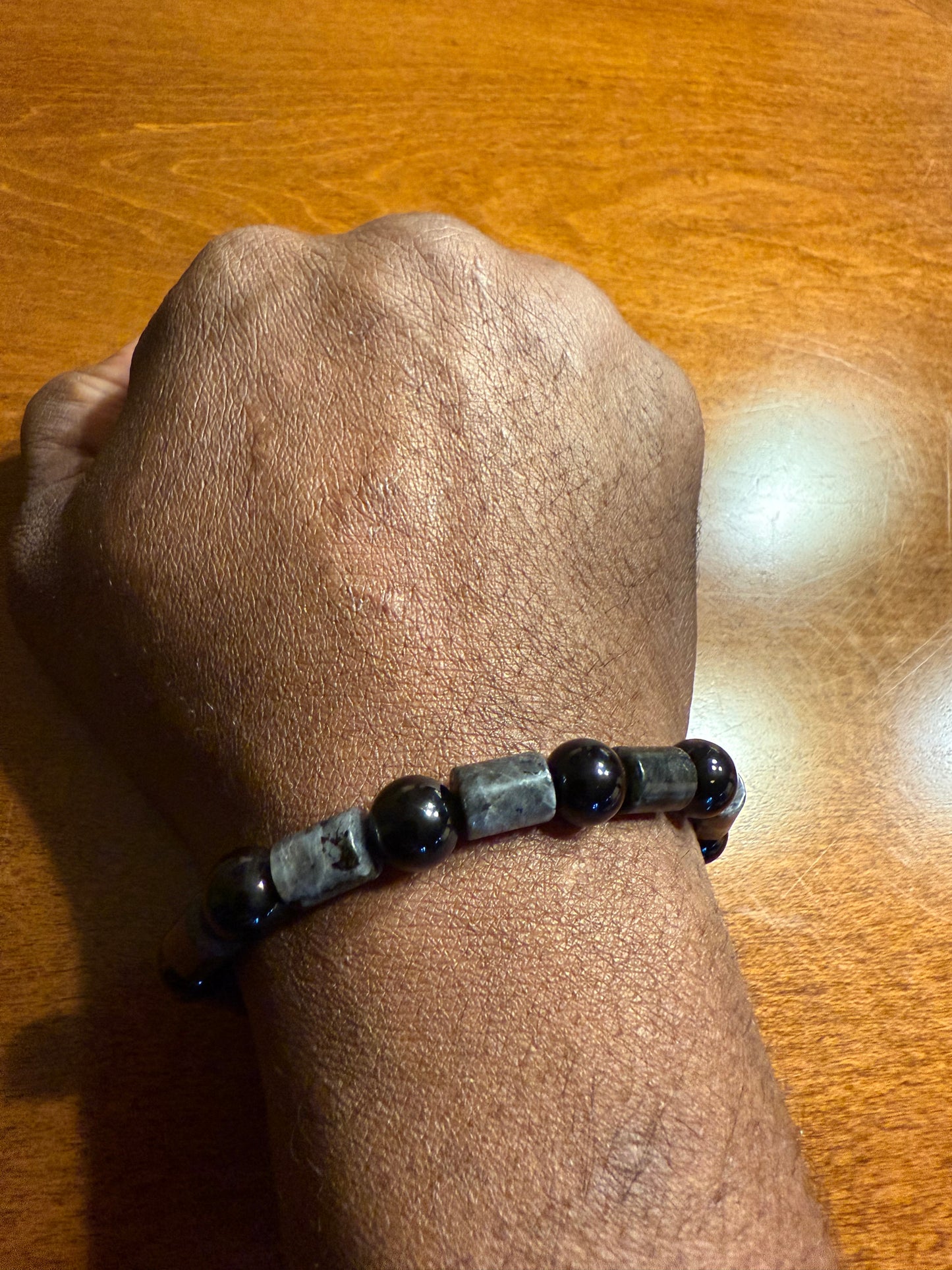 Cylindrical Labradorite and black beaded bracelet