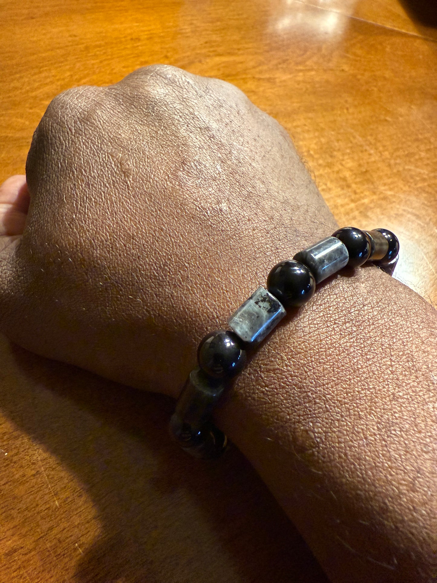 Cylindrical Labradorite and black beaded bracelet