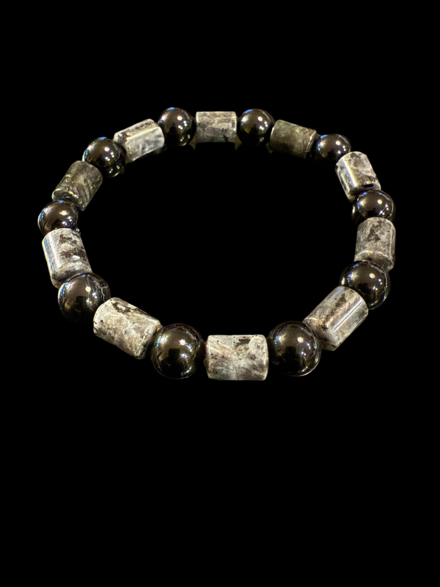 Cylindrical Labradorite and black beaded bracelet