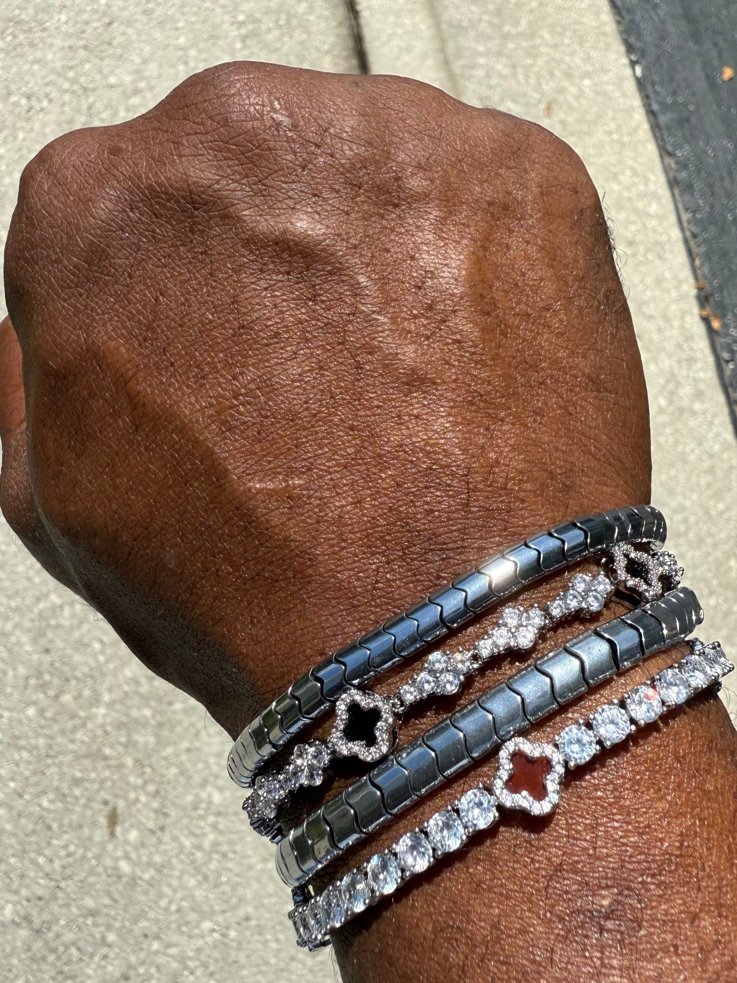 Red accent 4 leaf clover cubic zirconia tennis bracelet