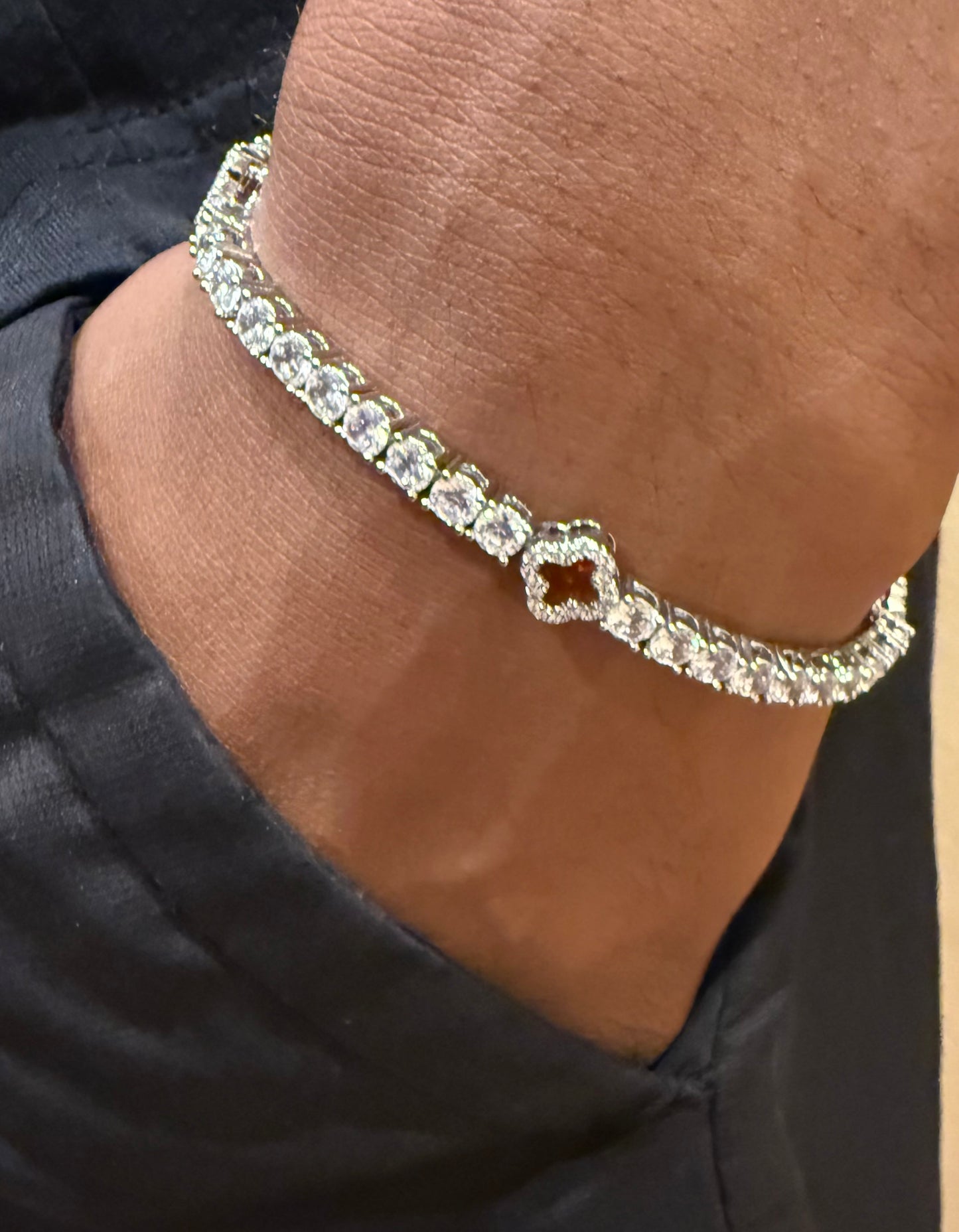 Red accent 4 leaf clover cubic zirconia tennis bracelet