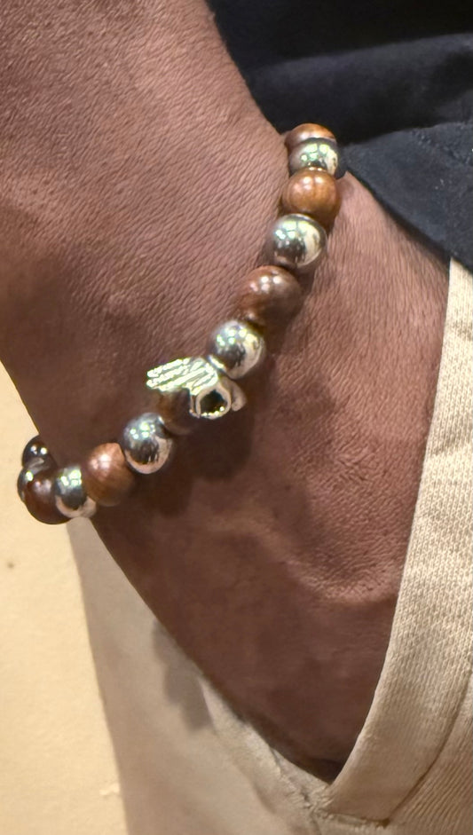 "Yo" brown wood and hematite beaded bracelet