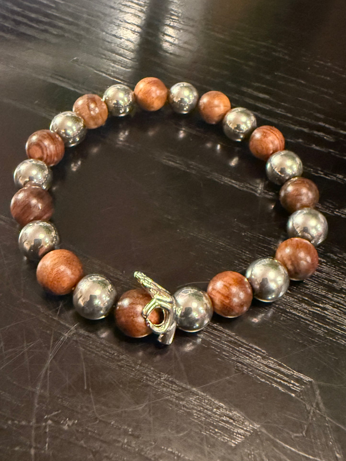 "Yo" brown wood and hematite beaded bracelet
