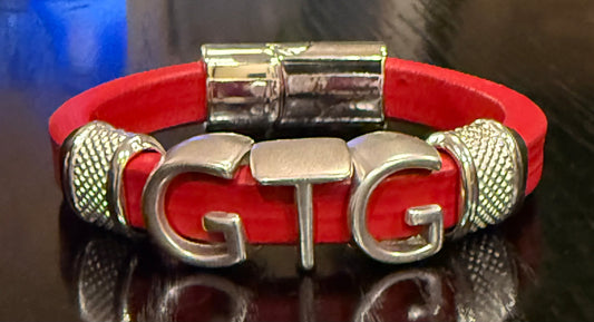 Good Time Gang leather bracelet with silver lettering